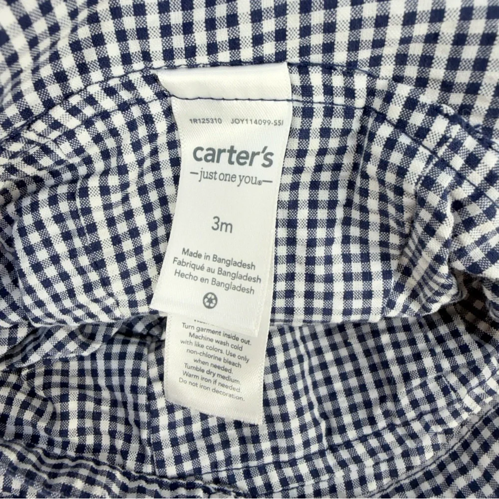 Carter’s 3M Gingham Romper +‎ Hat Baby Outfit Blue White Pre-Owned